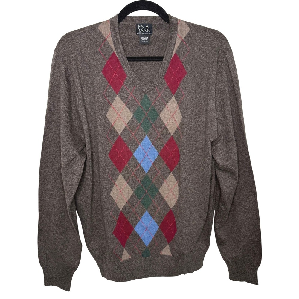 Vintage Jos A Bank Men's Argyle V-Neck Sweater Medium Brown Classic Preppy Golf
